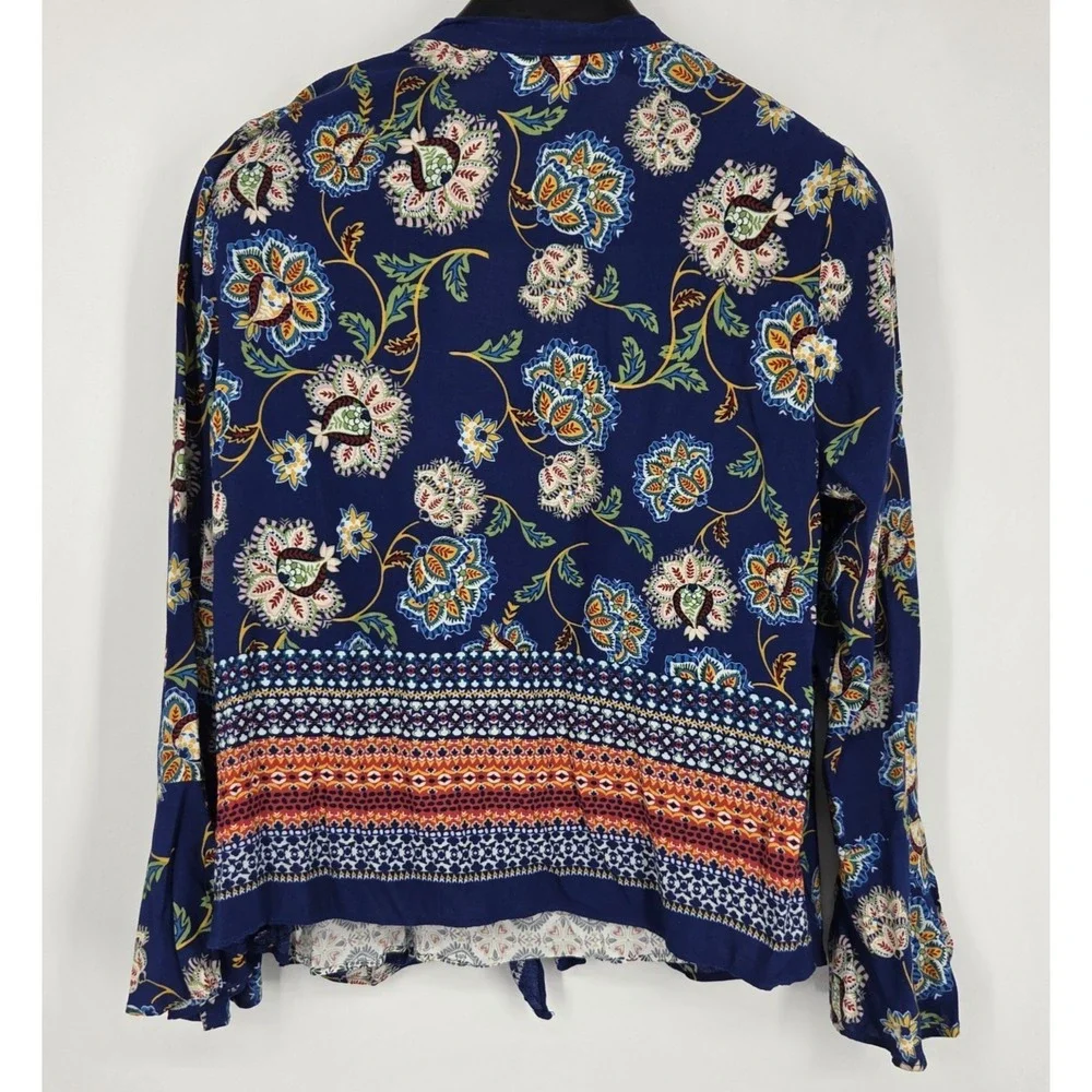 Fig‎ & Flower Womens Medium Sheer Paisley Floral Boho Peasant Tie Front Blouse